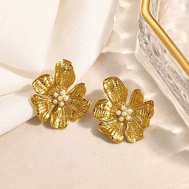 304 Stainless Steel Stud Earrings, with Plastic Pearl, Flower