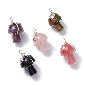 Pendentifs en pierres précieuses naturelles et synthétiques guasha, avec du fil de cuivre enroulé, champignons