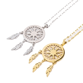 Woven Net/Web with Feather 304 Stainless Steel Pendant Necklaces for Women
