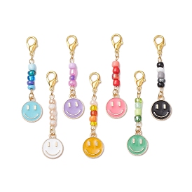 7Pcs Alloy Enamel Smiling Face Pendant Decorations, with Glass Beads for Bag Ornaments