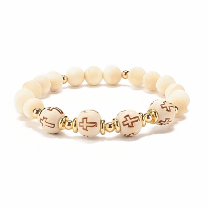 Natural Thuja Stuchuenensis Wood Round Beaded Stretch Bracelet, Cross Pattern Bracelet for Women