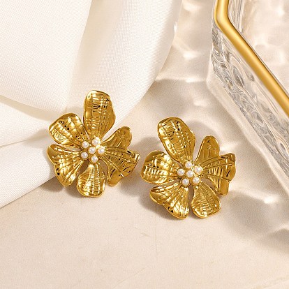 304 Stainless Steel Stud Earrings, with Plastic Pearl, Flower
