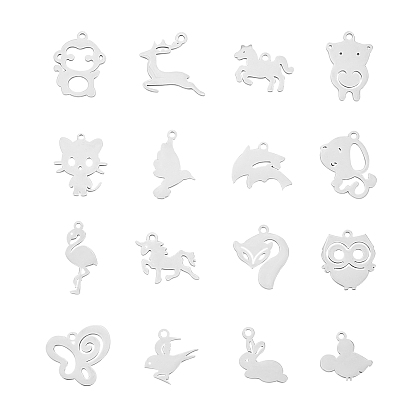 32Pcs 16 Style 201 Stainless Steel Pendants, Laser Cut, Animal