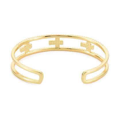 Clear Cubic Zirconia Cross Open Cuff Bangle with Enamel, Real 18K Gold Plated Brass Jewelry for Women, Cadmium Free & Lead Free