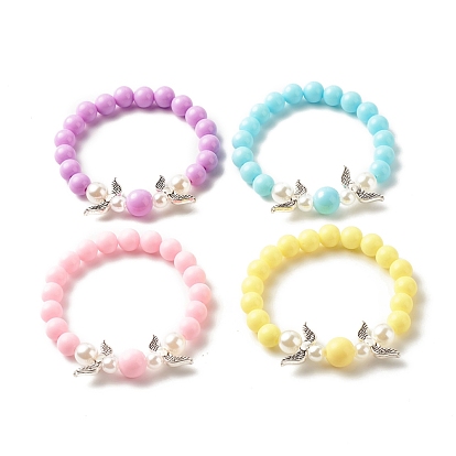Acrylic Beaded Stretch Bracelets for Kids, with Imitation Pearl & Alloy Wings Beads Bracelets