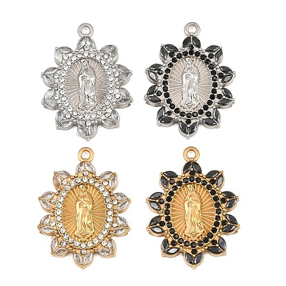304 Stainless Steel Rhinestone Pendants, Flower with Virgin Mary Charms, Ion Plating(IP)