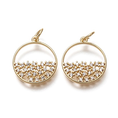 Brass Micro Pave Clear Cubic Zirconia Pendants, Long-Lasting Plated, with Jump Rings, Flat Round