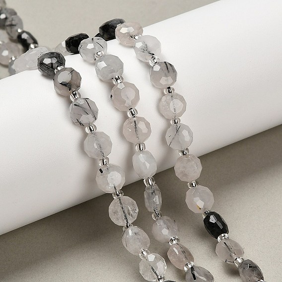 Натуральный турмалированный кварц / черный рутиловый кварц, плоско-круглые, граненые, с бисером