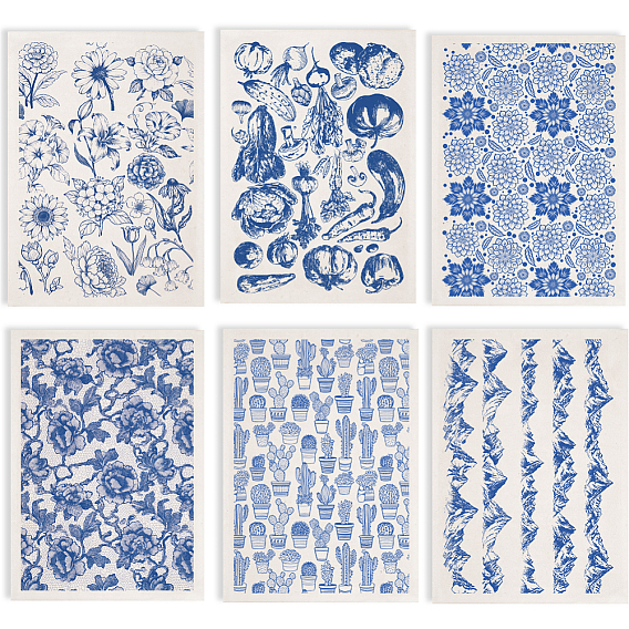 6шт. 6 стили бумажные керамические наклейки, гончарная керамика глиняная переводная бумага, подглазурная цветочная бумага