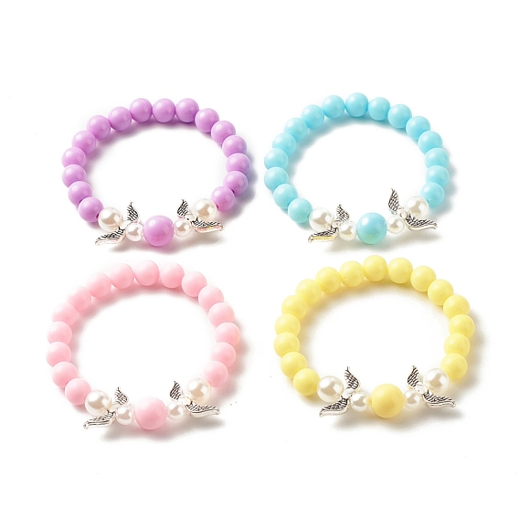 Bracelets extensibles en perles acryliques pour enfants, avec des perles d'imitation et des ailes d'alliage bracelets de perles