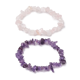 2Pcs 2 Style Natural Rose Quartz & Amethyst Chips Beaded Stretch Bracelets Set, Stackable Bracelets