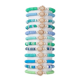 12pcs 12 ensemble de bracelets extensibles en forme de tortue turquoise synthétique de style, bracelets preppy empilables en argile polymère