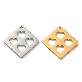 304 Stainless Steel Pendants, Laser Cut, Rhombus with Heart Charm