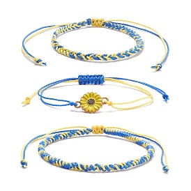 3Pcs 3 Style Waxed Polyester Braided Bead Bracelets Set with Sunflower Link, Friendship Adjustable Bracelets for Friends Lovers