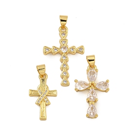 Rack Plating Brass Micro Pave Cubic Zirconia Pendants, with Jump Ring, Long-Lasting Plated, Cadmium Free & Lead Free, Cross