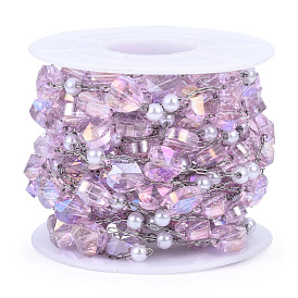 Glass Heart & ABS Plastic Pearl Beaded Chains, with Stainless Steel Color Plated 316 Stainless Steel Paperclip Chains, Soldered, Faceted, with Spool