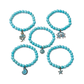 5Pcs Synthetic Turquoise Beads Stretch Bracelet Sets, Alloy Charm Bracelets for Women