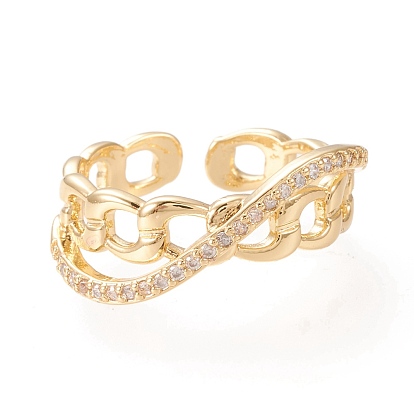 Adjustable Brass Micro Pave Clear Cubic Zirconia Cuff Rings, Open Rings, Long-Lasting Plated, Curb Chain Shape