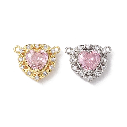 Rack Plating Brass Pave Misty Rose Cubic Zirconia Connector Charms, Cadmium Free & Nickel Free & Lead Free, Heart Links