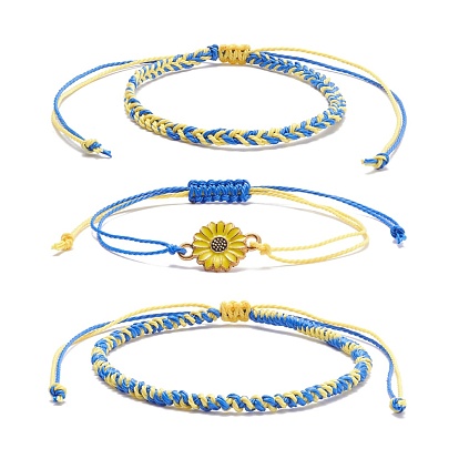 3Pcs 3 Style Waxed Polyester Braided Bead Bracelets Set with Sunflower Link, Friendship Adjustable Bracelets for Friends Lovers