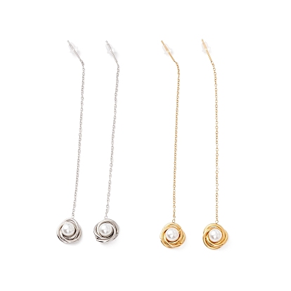 Long Chain with Plastic Pearl Dangle Stud Earrings, 304 Stainless Steel Ear Thread for Women