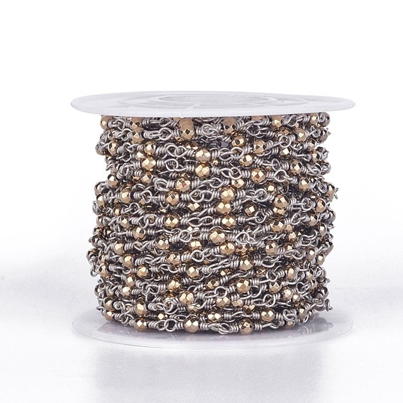 Handmade Non-magnetic Synthetic Hematite Beaded Chains, Unwelded, with Brass Findings, with Spool,  Faceted, Round