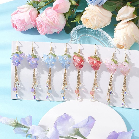 Прозрачные двухцветные серьги-подвески из стекла и акрила, окрашенные аэрозольной краской., с бусиной из натурального и окрашенного малайзийского нефрита, Бабочка с цветком, золотые