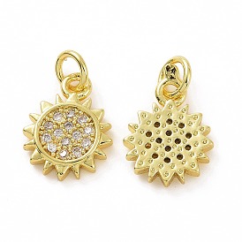Brass Micro Pave Cubic Zirconia Sun Charms, Real 18K Gold Plated, with Jump Ring