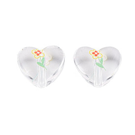 Transparent Printed Acrylic Beads, Heart with Flower