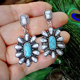 Synthetic Turquoise & Natural Howlite Dnagle Earrings, Jewely for Women, Flower