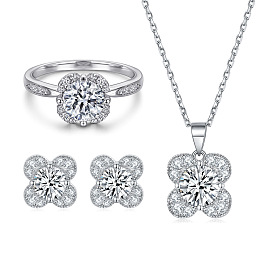 Fashionable S925 Silver Earrings and Necklace Set with Clover Design and Zircon Stone