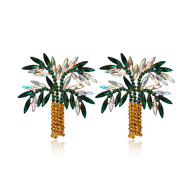 Exaggerated Rhinestone Coconut Tree Earrings Vintage Palm Tree Studs Atmospheric Ear Jewelry for Women