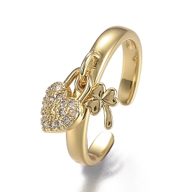 Adjustable Brass Micro Pave Clear Cubic Zirconia Cuff Rings, Open Rings, Long-Lasting Plated, Clover & Heart Lock