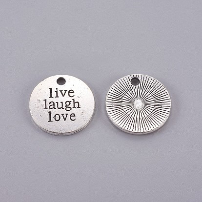 Tibetan Style Alloy Flat Round Carved Word Live Laugh Love Message Pendants, Lead Free & Cadmium Free, 20x2mm, Hole: 2mm, about 285pcs/1000g