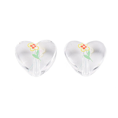 Transparent Printed Acrylic Beads, Heart with Flower