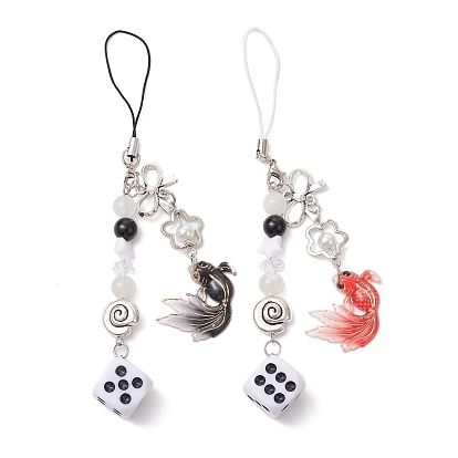2Pcs Acrylic Gemtone Plastic Phone Hand Strap Chains, Goldfish, Dice