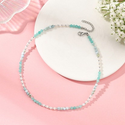 Faceted Round Natural Gemstone and Pearl Beaded Necklaces, Stainless Steel Color