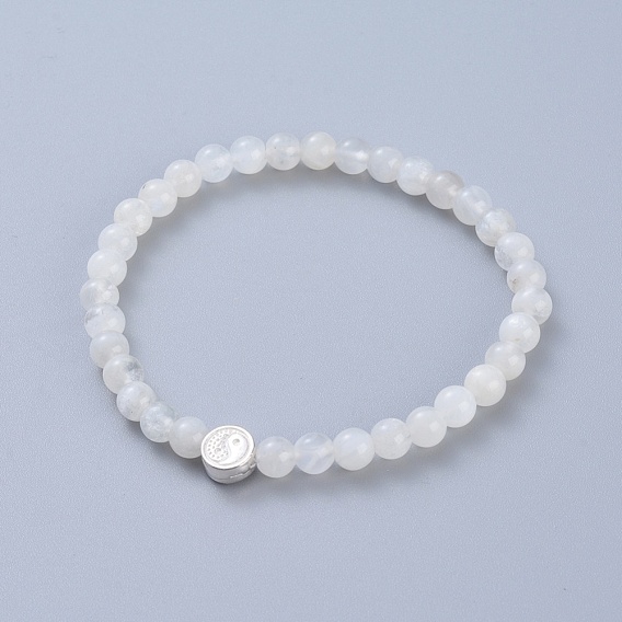 Edelstein Perlen Stretch-Armbänder, mit 925 Sterling Silber Perlen, Silber Poliertuch und Schmuckschatulle, flach rund mit Yin-Yang