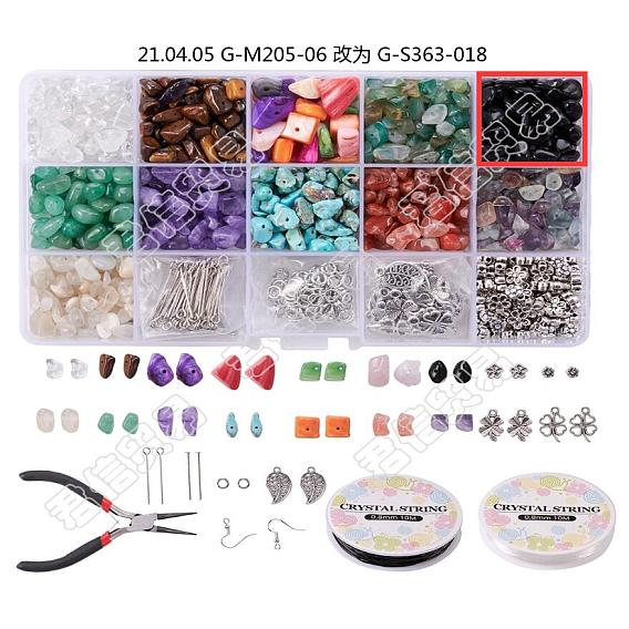 Сделай сам комплект украшений, с драгоценными камнями чип бисера, пресноводные раковины чипсы шарики, сплавочная фурнитура тибетского стиля, латунное прыгающее кольцо и крючок для серег, железная булавка для глаз и булавка для головы, Эластичная кристальная нить