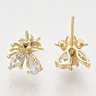 Brass Micro Pave Clear Cubic Zirconia Stud Earring Findings, For Half Drilled Beads, Nickel Free, Flower