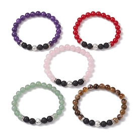 5Pcs Natural Gemstone Stretch Bracelets Sets, Alooy Jewelry Bracelets for Men Women