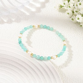 4mm facettierte runde Armreifen aus natürlichem Amazonit und Perlen