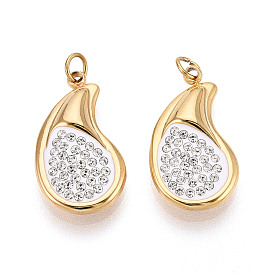 304 подвески из нержавеющей стали и полимерной глины ручной работы со стразами, слеза, с целью перехода в кольце, ионное покрытие (ip), реальный 18 k позолоченный