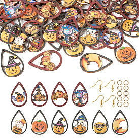 Kit de fabrication de boucles d'oreilles pendantes en forme de goutte d'halloween, y compris des pendentifs en bois imprimés à face unique citrouille et sorcière et fantôme, anneau de saut en laiton et crochets de boucle d'oreille