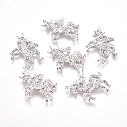 Brass Micro Pave Cubic Zirconia Pendants, Unicorn, Clear