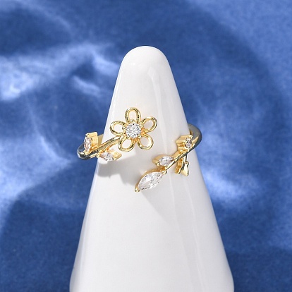 Открытые кольца манжеты из латуни с микропаве и кубическим цирконием, цветок, стойки покрытие, долговечный, без свинца и без кадмия