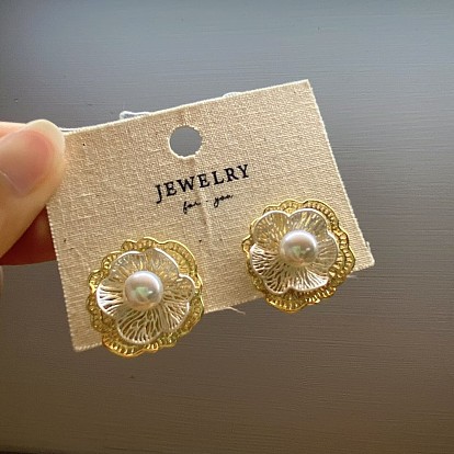 Pendientes de botón de latón y perlas de imitación para mujer, flor, dorado