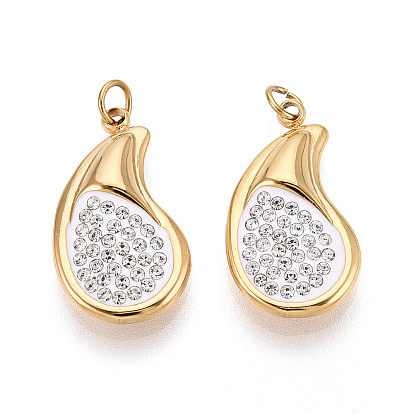 304 подвески из нержавеющей стали и полимерной глины ручной работы со стразами, слеза, с целью перехода в кольце, ионное покрытие (ip), реальный 18 k позолоченный