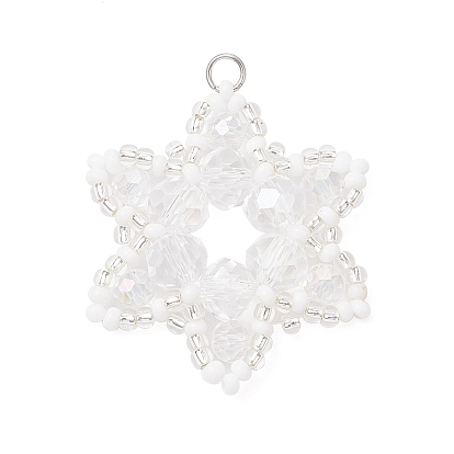 Подвески гальванизируйте стекла, снежинка, с круглыми бусинами и 304 соединительным кольцом из нержавеющей стали, цвет нержавеющей стали, граненые