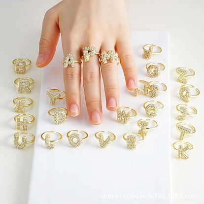 Brass Micro Pave Clear Cubic Zirconia Initial Cuff Rings, Golden
